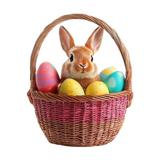 A rabbit sits in a colorful basket filled with decorated Easter eggs, showcasing vivid colors and festive charm. © Ai7