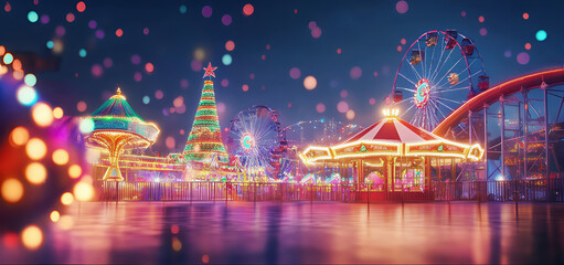 Carousel at night, merry go round, carousel in the park. Holiday decorated amusement  park fair ground carousel at night with Christmas lights