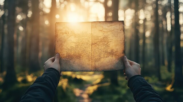 A traveler lifting a weathered map towards the light, inspired and resolute, anticipation, hope, journey