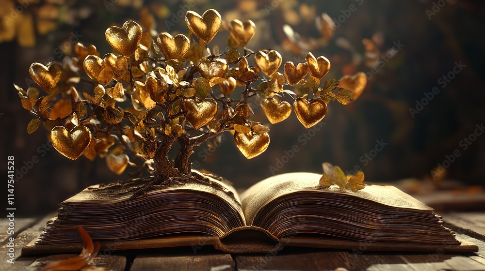 Fototapete a whimsical golden tree rises from the pages of an open book, symbolizing knowledge and growth.