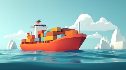 Obraz premium Cargo Ship Sailing Calm Ocean Waters Near Icebergs