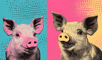 Picture of cute pig, pork, processed food, photograph or illustrator for advertising