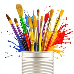 Fototapeta premium A vibrant display of various paintbrushes immersed in colorful splashes, symbolizing creativity and artistic expression.