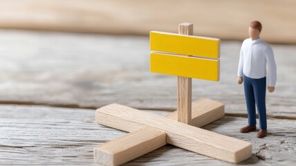 Miniature figure standing beside a blank yellow sign on a wooden surface.