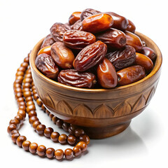 Obraz premium A classic Arabic bowl filled with dates, accompanied by an Islamic rosary,