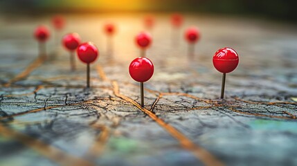 Red pins mark locations on a textured map, signifying travel destinations or important places.