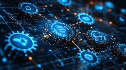 imagine prompt: petrochemical-based cogwheels merging with digital technology icons symbolizing innovation and the learning process --chaos 10 --ar 16:9 --quality 2 --style 