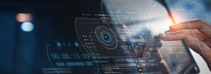 Data science, digital technology concept. Computer science engineer programming on laptop, working with big data, virtual modern computer dashboard, system control, futuristic technology background