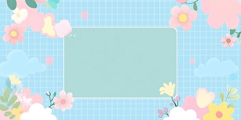 Pastel Flowers and Clouds on a Grid Background