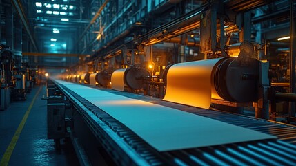 Obraz premium Industrial paper production line with large rolls of paper moving on a conveyor belt in a factory.