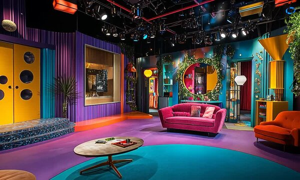 A vibrant television studio set designed for a talk show or creative program.