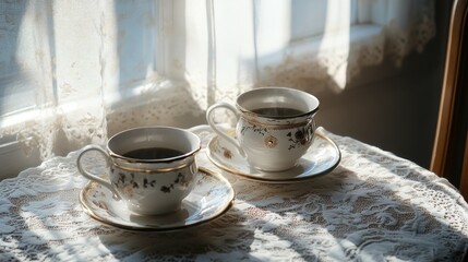 Two cups of coffee on a lace tablecloth in front of a window with sunlight streaming through the curtains.