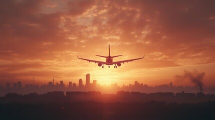Plane soaring over an urban skyline under a blazing sunset, dynamic and aspirational, anticipation, hope, journey