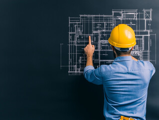 Blueprint for Success: A construction worker wearing a yellow hard hat stands in front of a blueprint drawn on a blackboard, pointing out a detail with a focused expression.