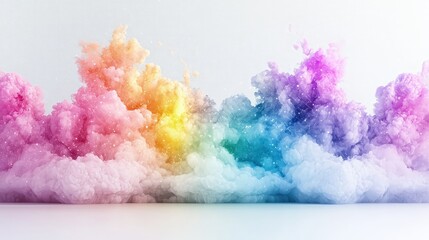 Fototapeta premium Colorful pastel smoke clouds in a rainbow gradient arranged horizontally on a white background.