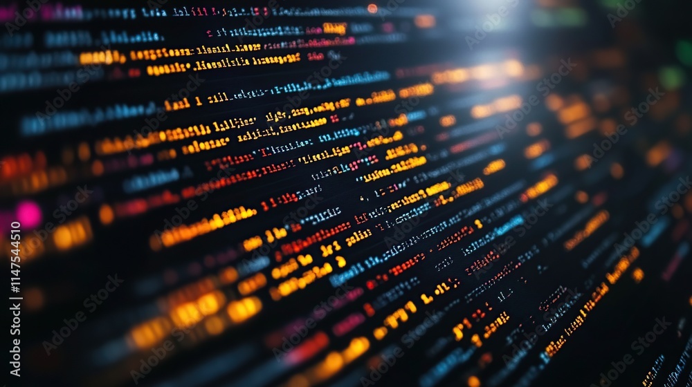 Poster close-up of colorful lines of computer code on a dark screen.
