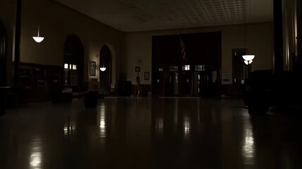 Dark room with faint emergency exit sign glow during power blackout, capturing sudden disruption and eerie stillness with scattered objects faintly visible in dim light.