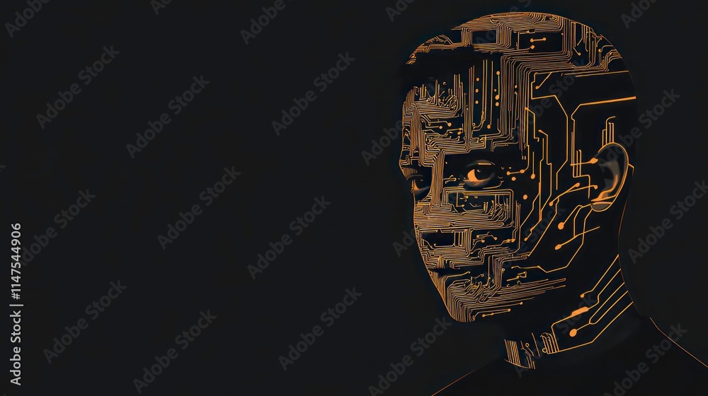 Poster A stylized portrait of a person with a circuit board pattern on their face, symbolizing AI and technology.