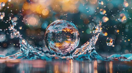 Molecule encased in a liquid bubble amidst splashing water with DNA strands in the background