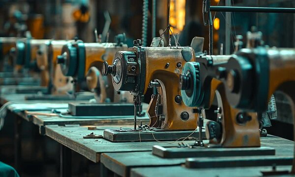 A row of vintage sewing machines in a workshop, showcasing industrial craftsmanship.
