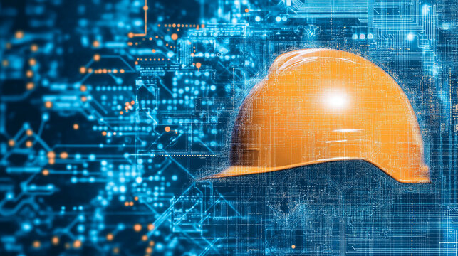 Tech Construction: Hard Hat on Digital Circuit Board