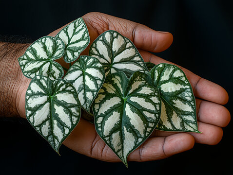 omeone hand holding a disease leaves of Colocasia Pharaoh's Mask.



