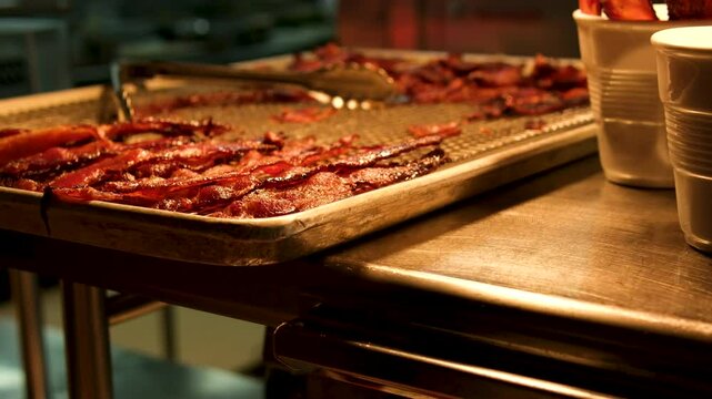 Frying bacon slices in pan, close up. Crispy pieces of delicious Bacon Fried in a Hot Skillet. Traditional breakfast