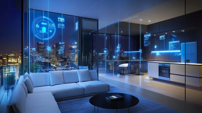 Smart home interior at night, showcasing futuristic technology and city view. - Powered by Adobe
