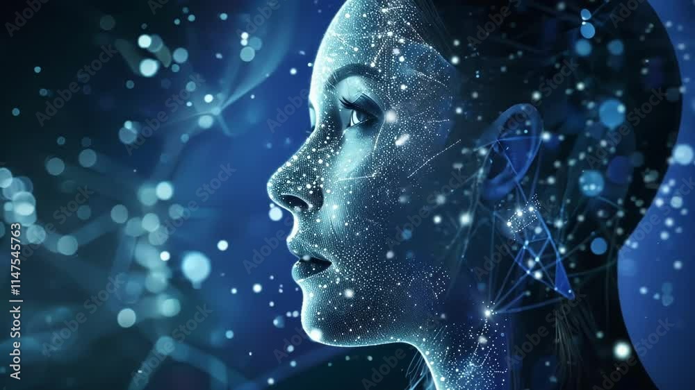 Poster artificial intelligence is generating a digital human face from a network of interconnected dots and