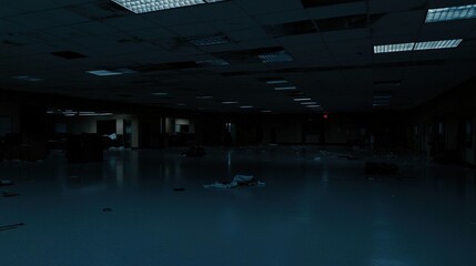 Dark room with faint emergency exit sign glow during power blackout, capturing sudden disruption and eerie stillness with scattered objects faintly visible in dim light.