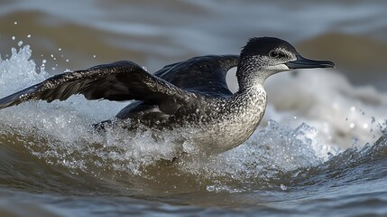 Fototapeta premium A young bird with speckled grey and black feathers runs across the water, wings outstretched, creating splashes.