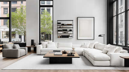 Fototapeta premium Modern Sectional Sofa in Open Concept Living Room: A spacious and stylish living room featuring a contemporary sectional sofa, sleek coffee table, and minimalist decor.