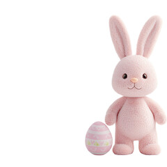 Obraz premium A cute pink bunny stands next to a pastel-colored egg, featuring a smiling face and long ears, evoking a playful and cheerful vibe.