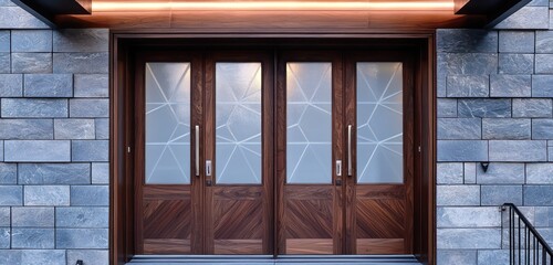 Double walnut doors with modern geometric design and frosted glass accents.