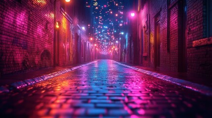 Neon-lit, rain-slicked alleyway; vibrant colors.