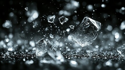 Shattered Ice Fragments Falling Against Dark Background
