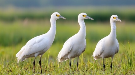 Obraz premium Three white birds standing in a grassy field.