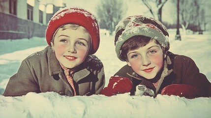 charming vintage 1940s winter scene: children playing in the snow in cozy wool coats – perfect for a nostalgic sports interior poster!