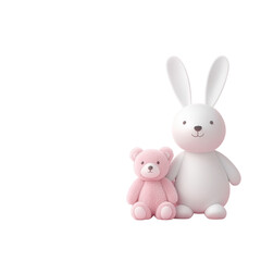 Obraz premium A cute white rabbit figurine stands next to a small pink teddy bear, both designed with soft, rounded shapes and cheerful expressions.