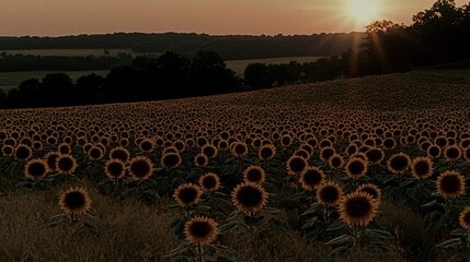 Fototapeta premium of a vibrant sunflower field during golden hour with sunlight shining through petals, creating a warm and inviting atmosphere, perfect for commercial use. [Flowers]:[Economic plants] 