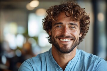 Obraz premium Happy man with curly hair smiling.