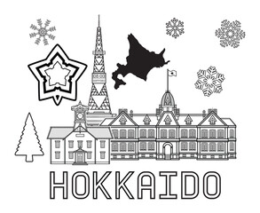 Illustration vector of Hokkaido symbols with famous landmarks in Hokkaido Japan drawing in black and white