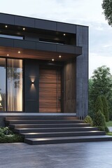 Contemporary home with dark gray and wood accents, featuring a grand entrance door.