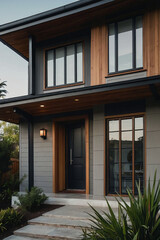 Modern house exterior with gray siding, wood accents, large windows, and a dark-colored front door.  Landscaping includes shrubs and stone steps lead to the entrance.