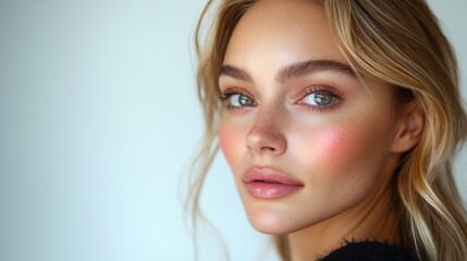 Fototapeta premium A close-up portrait of a woman with natural makeup and soft lighting.