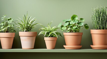 Fototapeta premium neatly arranged set of indoor potted plants like spider plants and ferns on a shelf, ideal for eco-friendly interior design and plant care content. [Flowers]:[Economic plants] 