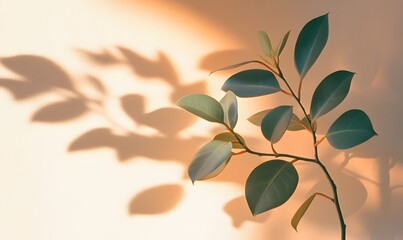 Ficus elastica plants and their shadows in minimalistic aesthetic house with sunset lighting, Generative AI 