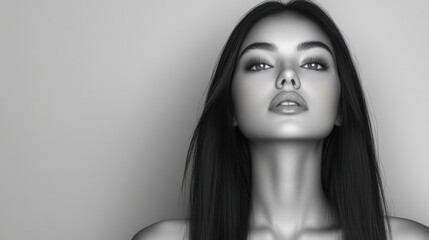 A monochrome portrait of a woman with long hair, exuding confidence and elegance.