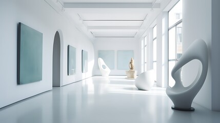 Sunlit minimalist art gallery interior with sculptures and paintings.