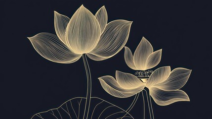 Elegant gold line art lotus flowers on dark background.